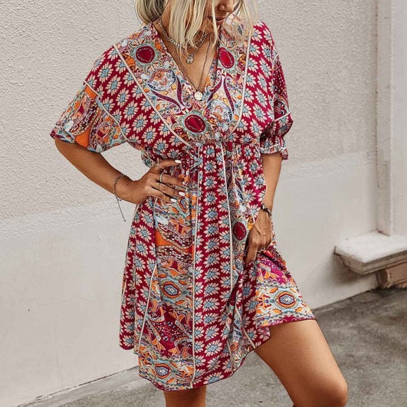 Bohemian Orange Paisley V neck Gypsy Mini Dress Cottagecore - Picture 16 of 16